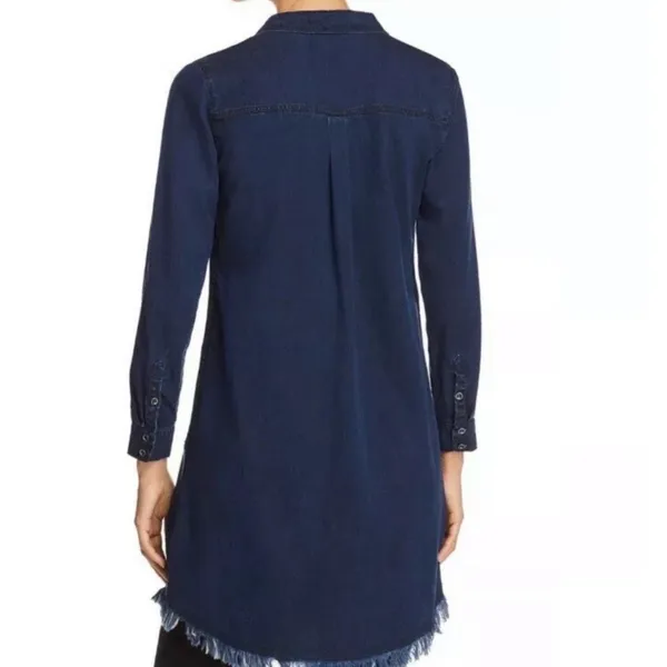 Eileen Fisher Denim Shirt‎ Dress Indigo Blue Tencel Organic Cotton Fringe Hem XS - Image 7