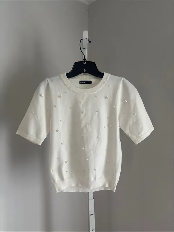 SheIn Ivory Cream Short-Sleeve Pearl-Embellished Sweater Knit Preppy Size Small - Image 2