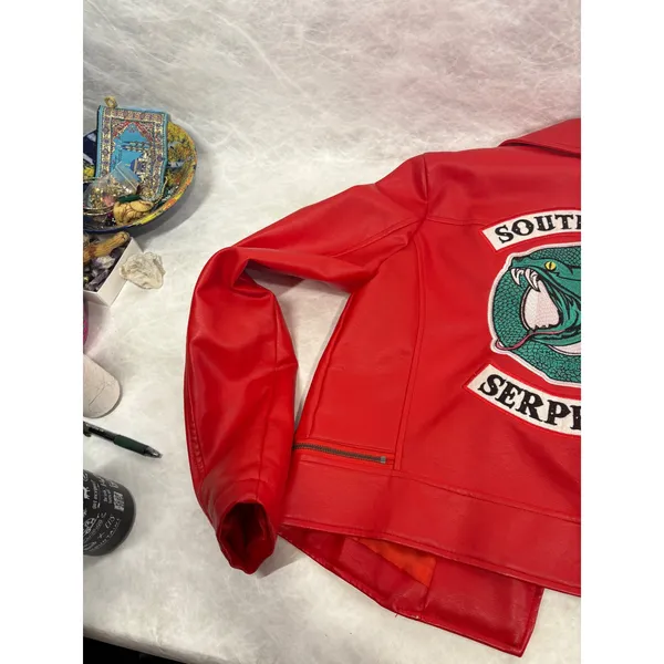 Riverdale South Side Serpents Red Faux Leather Moto Jacket Womens‎ Small - Image 12