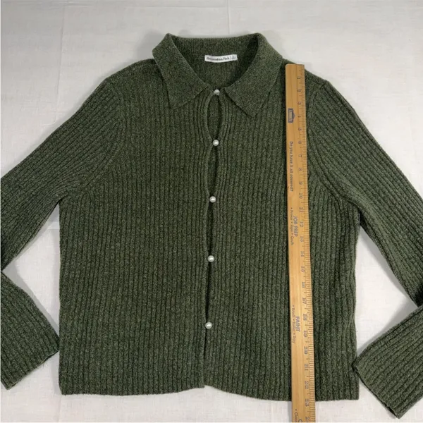 Abercrombie & Fitch Womens Ribbed Polo Cardigan Pearl Button Green Wool Blend L - Image 7