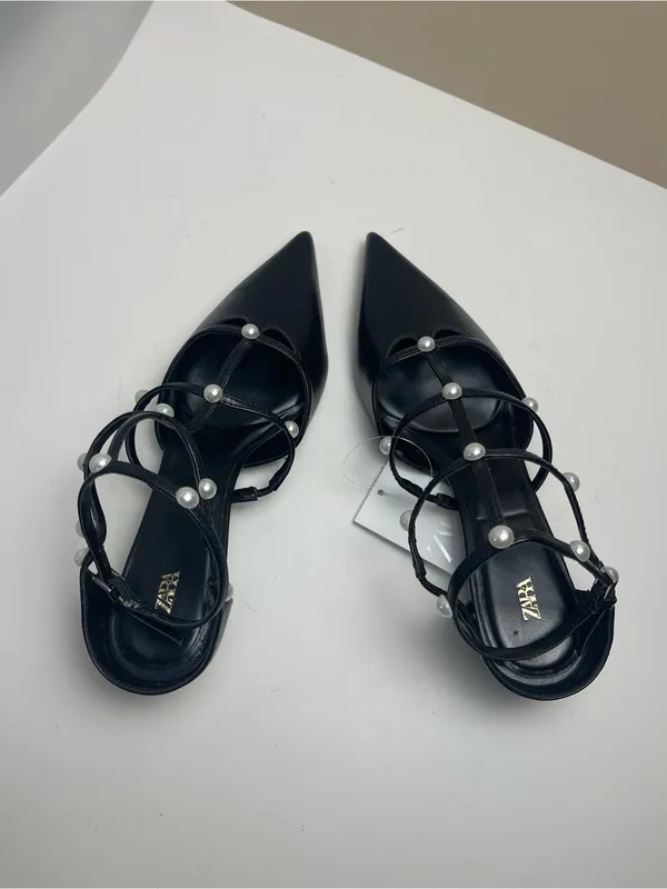 Zara Black Pearl Strappy Kitten Heel Pointed Toe Pumps NWT Size 9 / EUR 40 - Image 12