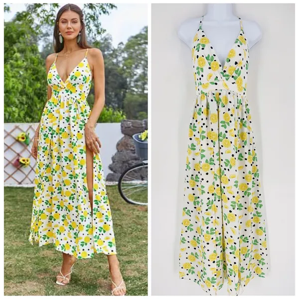 Womens Lemon Print Maxi Dress Halter Neck Size S Slit White‎ Yellow Fun Party - Image 2