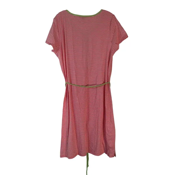 Lands End Orange White Striped Henley Dress XL 18 Short Sleeve‎ Green Belt - Image 2