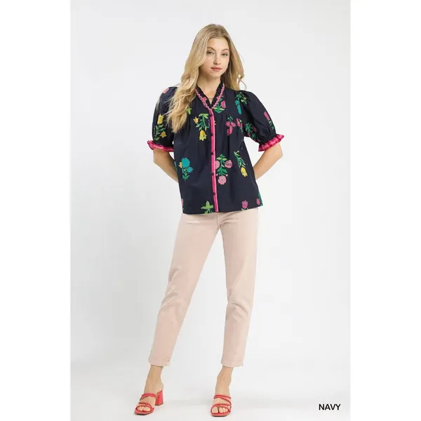 Umgee‎ Petal Parade Print Button-Down Blouse - Navy - Medium - Image 4