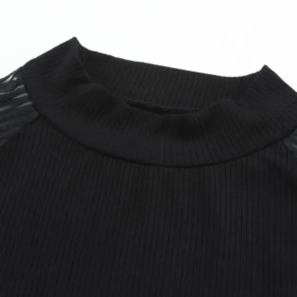 NEW Black Ribbed Top With Striped Mesh Long Sleeves - Image 8