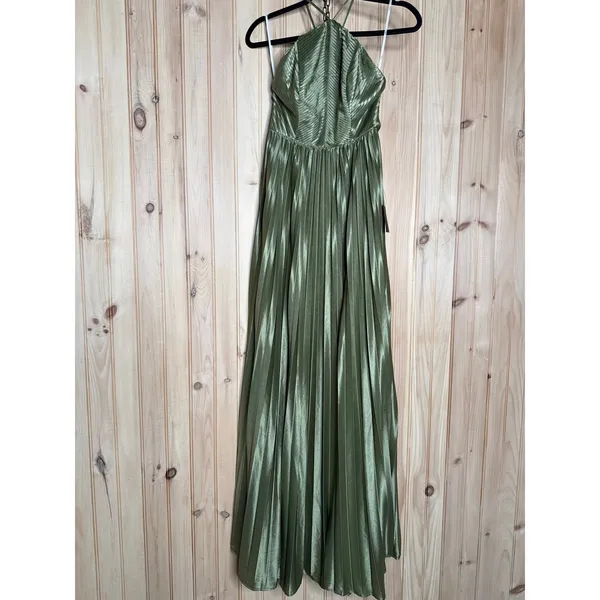 NWT Lulus Elaborate Charm Olive Green Satin Pleated Backless Maxi Dress Party S - Image 2