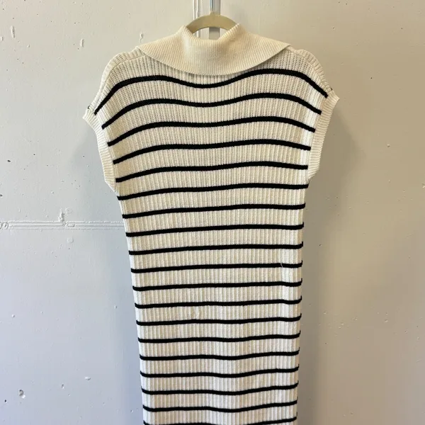 ZESICA Striped Knit Midi‎ Dress White Black Polo Collar Sleeveless Medium Cruise - Image 5