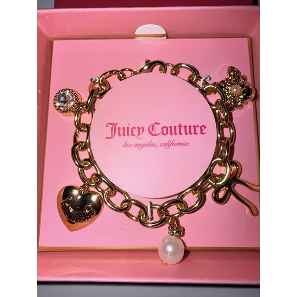 NIB Juicy Couture‎ Goldtone Charm Bracelet Charms Logo Y2K Bow Heart Pearl - Image 4