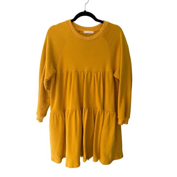 Karlie Mustard Yellow Sweatshirt Dress Tiered Ruffle Cotton Medium - Image 3