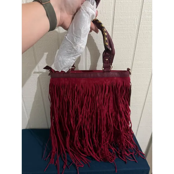 Heritage West Western Handbag Burgundy Fringe Tote Bag Gold Whipstitch New - Image 7