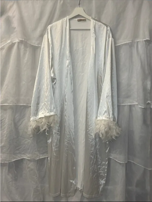 Night Satin Feather Trim Robe White Size 14 - Image 2
