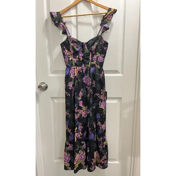 Lulus Sweet Like Sangria Black Floral Ruffled Bustier Dress Size Small Formal - Image 3