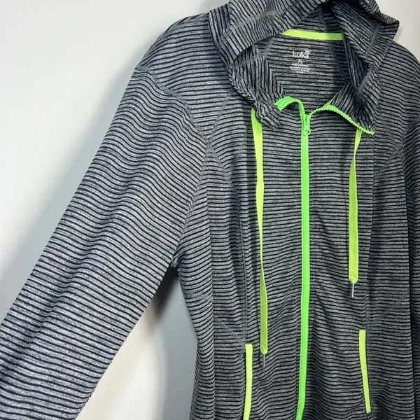 Lukka Hooded Athletic Full Zip Jacket Gray Black Stripes Pockets Thumb Holes XL - Image 4