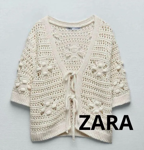 Zara off white cream ivory crochet short sleeve tie front knit sweater cardigan - Image 6