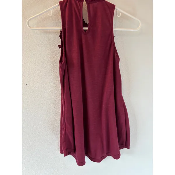 Dark Red Lace Crochet High‎ Neck Sleeveless Top Boho Keyhole Back Maroon Tank - Image 3