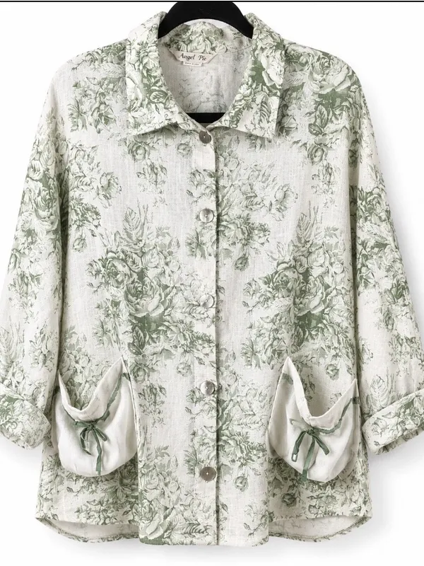 Angel Pie Linen Shirt S/M Green Floral Lagenlook Oversized Boho USA Made - Image 2