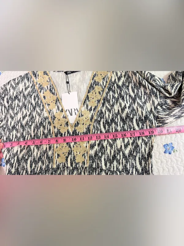 Zara NWT Linen Cotton Blend Long Sleeve V-Neck Dress with Gold Embroidery SZ XS - Image 8