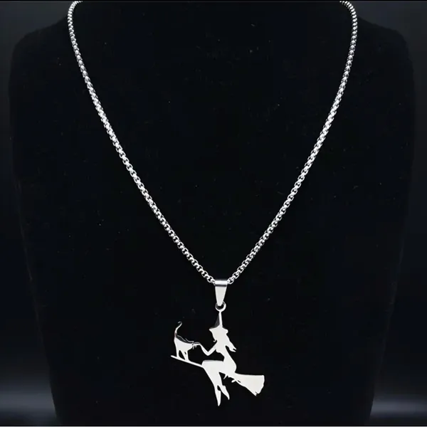Witch Broom Cat Pendant Necklace Women Witchcraft Silvery Color Hollow Out‎ - Image 8