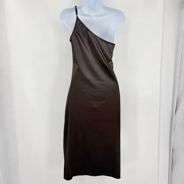 Y2K Black Satin One Shoulder Midi Dress Sz S Going Out Club 90s Sleek Wedding - Image 6