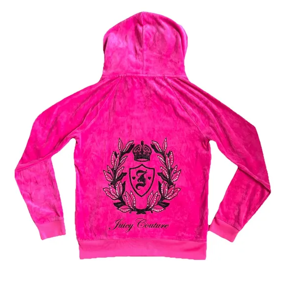 Juicy Couture Velour Vintage Y2K Pink Hoodie Jewel‎ Crest Emblem Dog Couturist M - Image 2