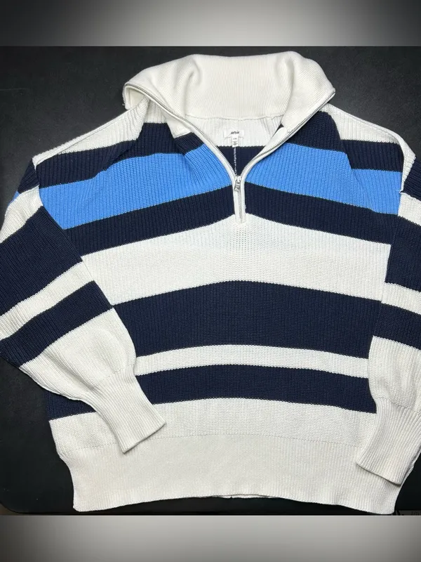Aerie Women's Size L Beyond Striped Quarter Zip Oversized Knit Nautical Sweater - Image 2