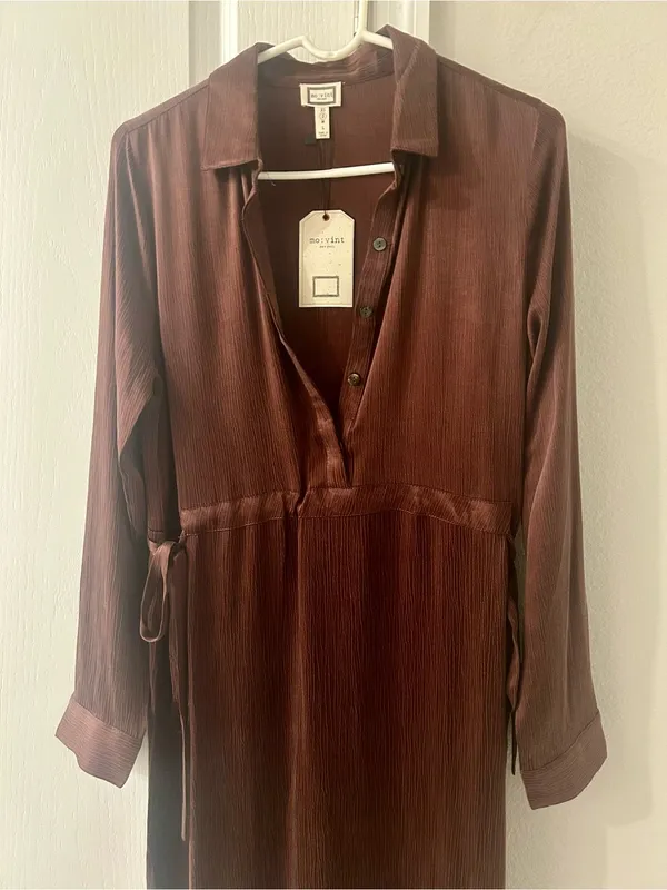Brown Long-Sleeve Tie-Waist Dress Size Small - Image 2