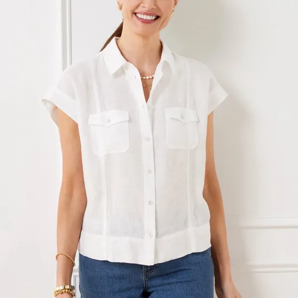 Talbots Extended‎ Shoulder Linen Collar Short Shirt Button Down Medium White - Image 3