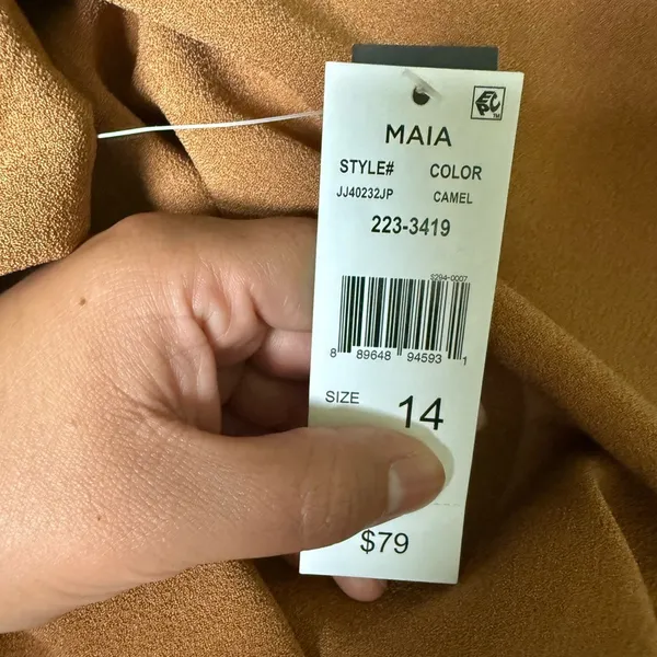 Maia Camel Sleeveless Midi Dress Draped‎ Front Size 14 - Image 10