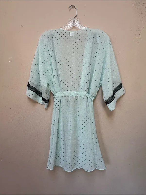 Sheer Polka Dot Tie Front Robe Medium Black Trim Vintage Style - Image 2