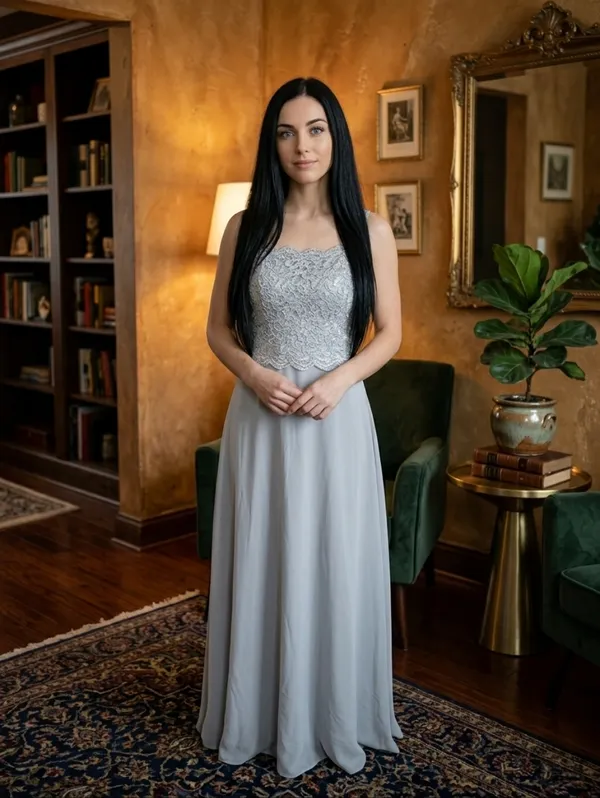 NWT Marina Silver/Grey Lace Chiffon Long Gown Size 6 | Elegant Wedding Guest - Image 2