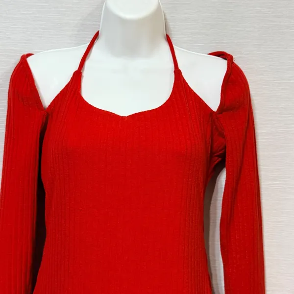 H:ours Red Ribbed Halter Cold Shoulder Long Sleeve Bodycon Mini Dress Small - Image 5