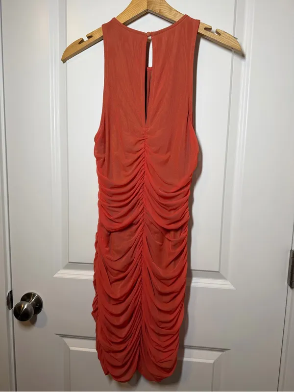Lovers + Friends Ruched Sleeveless Midi Dress in Coral Red - Image 8