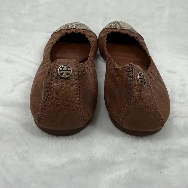Tory Burch Leather Scalloped Ballet Flats‎ Snakeskin Cap Toe Logo 7.5 READ - Image 5