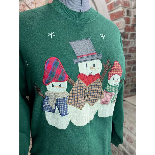 sweatshirt Vintage 1980s appliqué snowmen green red Christmas - Image 4