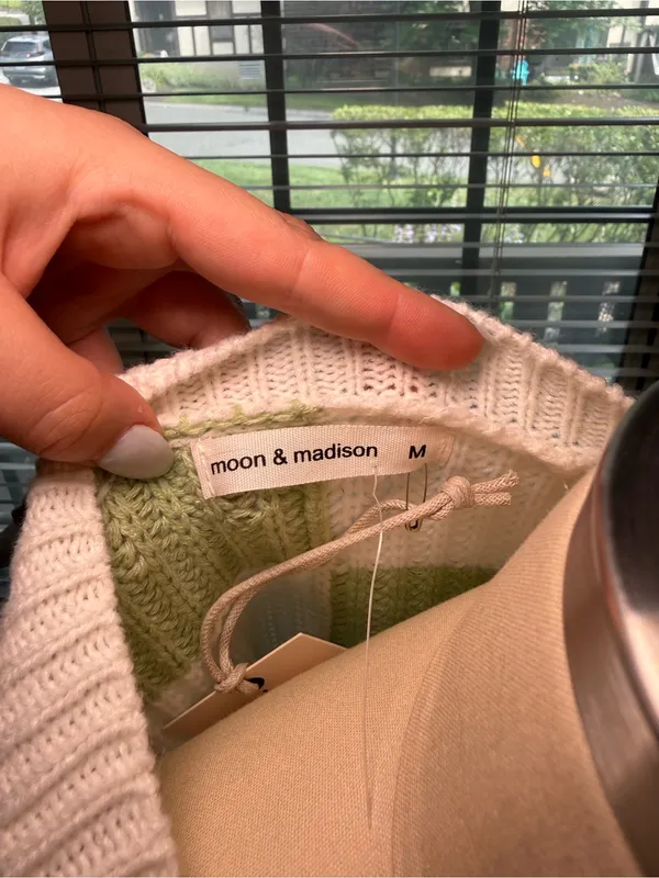 Moon and Madison Cream & Light Green Checker Knit Sweater - Women - Image 3