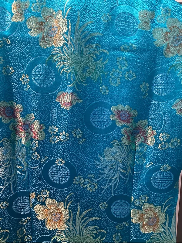 Yuexuan Qipao Dress Shanghai Style Blue Gold Floral Satin Mandarin Collar Y2K - Image 8