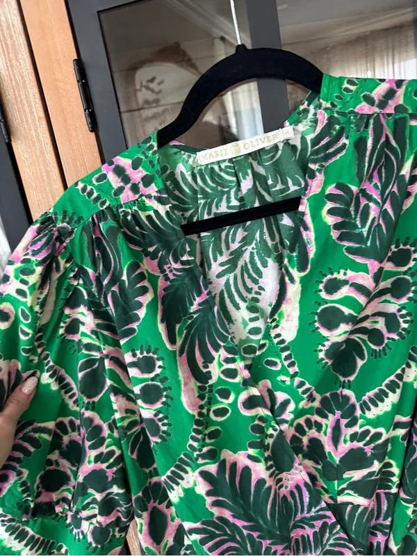 Marie Oliver Rita midi dress wrap kelly green print puff sleeve tie front cotton - Image 3
