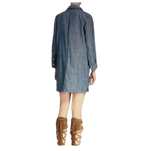 Free People “Done Up In Denim” Sz Small Blue Mini Dress Deep V Shawl Collar Boho - Image 3
