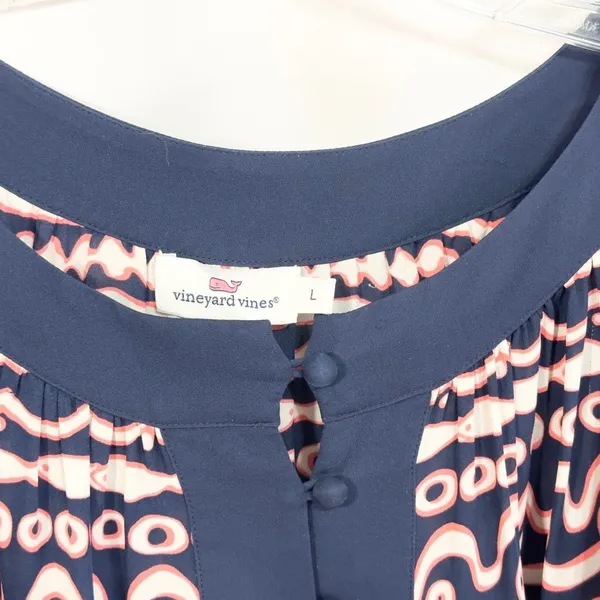 Vineyard Vines Large Top Silk Navy Blue Pink Fish Stripe Print‎ Long Sleeve 635 - Image 8