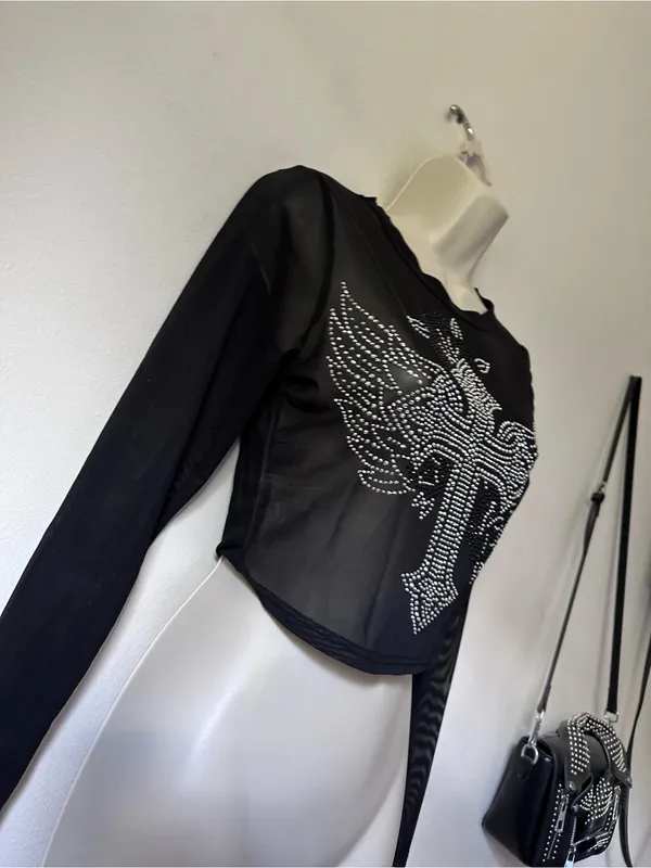 Black Mesh Long-Sleeve Crop Top with Rhinestone Cross - Image 4