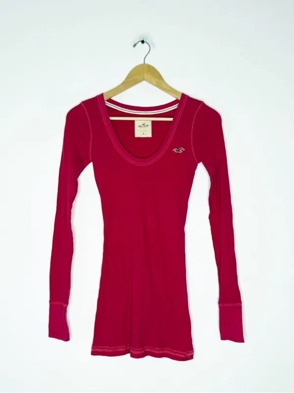 Hollister Y2K Pink Ribbed Long Sleeve Top Scoop Neck Logo Tee Size Medium - Image 2