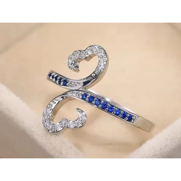 White Gold Plated Double Heart Lab Sapphire Ring Size‎ 7 - Image 4