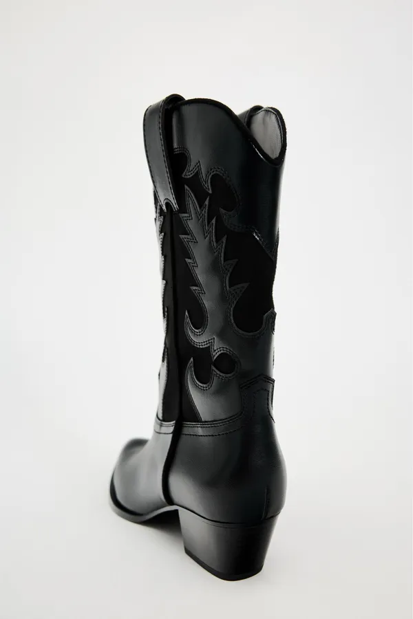 Zara Black faux Leather style Western cowboy ankle heeled Boots - Image 6