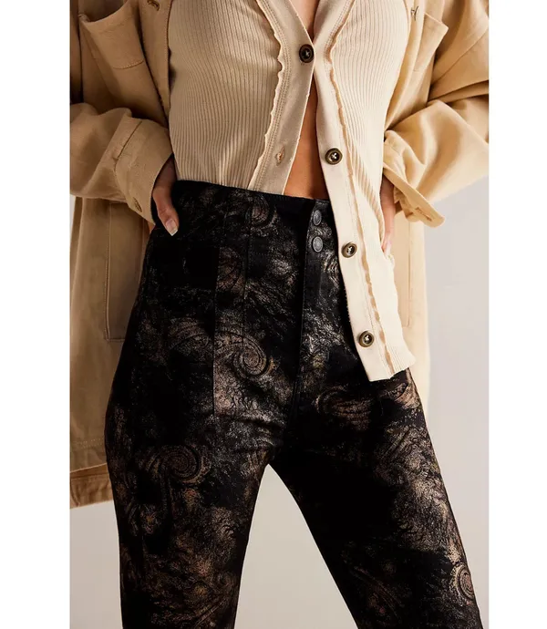 Free People NWT Jayde Black Tie Printed Metallic Black Flare Jeans - Image 4