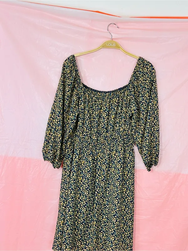 AUW Navy and Yellow Floral Square-Neck Midi Dress - Image 9