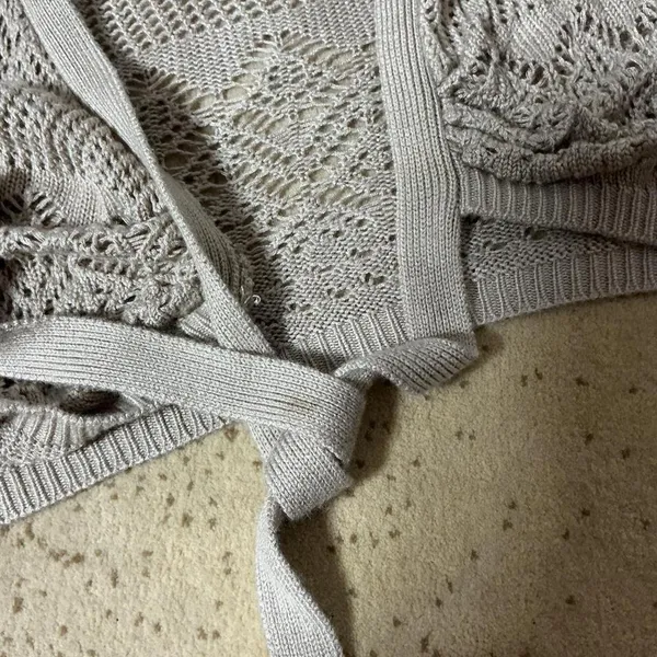 Grass Collection Beige Pointelle Knit Cropped Tie Front Shrug Cardigan M‎ - Image 5
