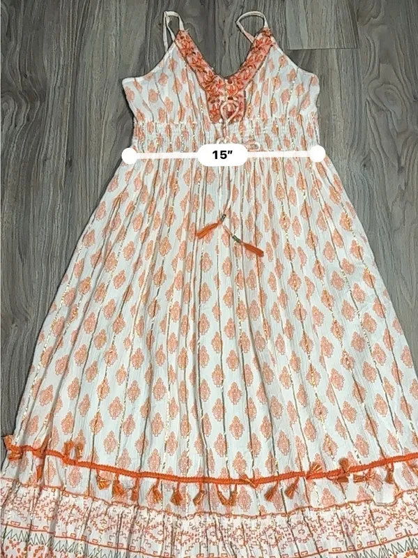 Me 2 Magic Boho Maxi Dress Orange White Embroidered V-Neck Fringe. - Image 14