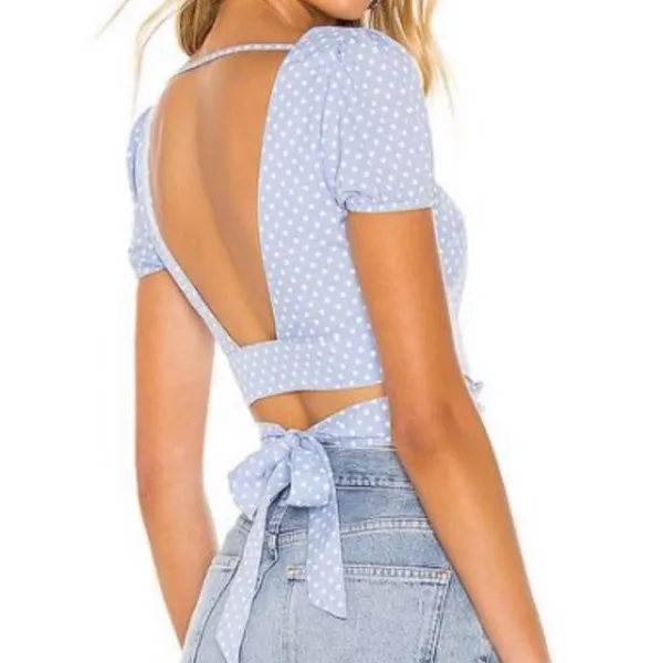 Superdown Revolve Blue‎ and White Polka Dot Crop Top Wrap Tie - Image 5