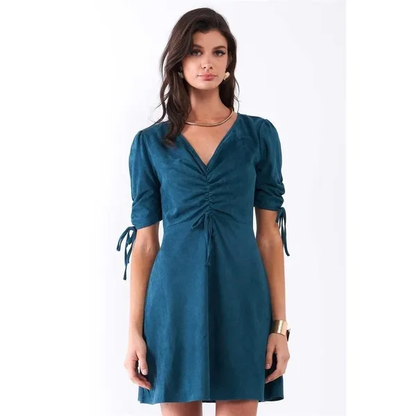 Sugar + Lips Faux Suede Mini Homecoming Dress‎ Women M Teal Ruched Boho Holiday - Image 3