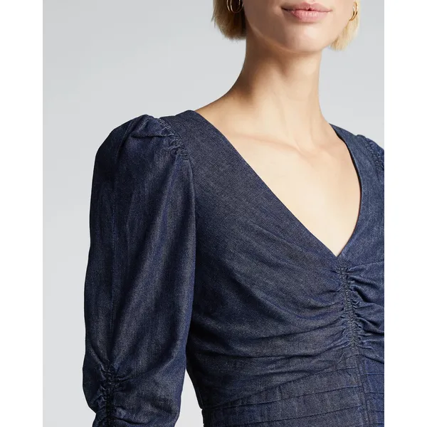 TANYA TAYLOR Pansy Dress Blue‎ Denim Pleated Mini Puffed Sleeves Flirty Size 6 - Image 4